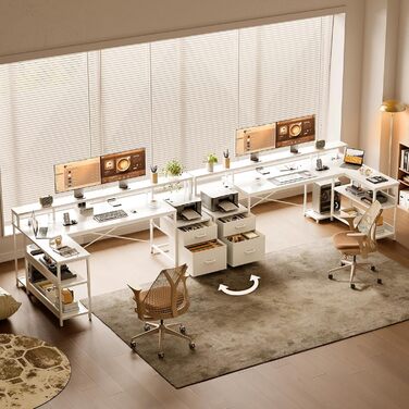 Письмовий стіл ODK з шухлядами, 189,3100 см, двосторонній кутовий стіл, великий, з 2 розетками та портом зарядки USB, L-подібний стіл з місцем для зберігання, ігровий стіл для домашнього офісу, білий 189,310088,7 см