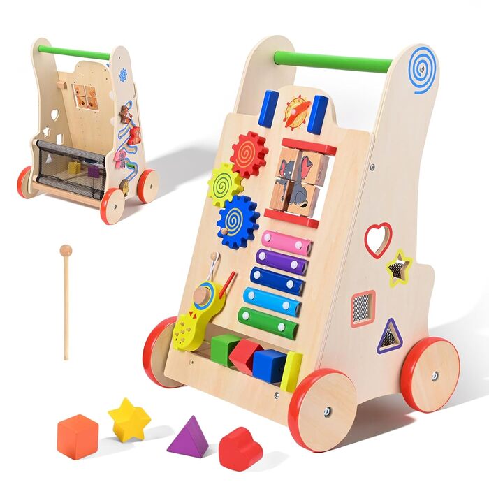 Дерев&39яні ходунки для дітей 8-в-1 з колесами та будівельними блоками, багатофункціональна іграшка-подарунок для малюків від 10 місяців до 1-2 років, кольору дерева
