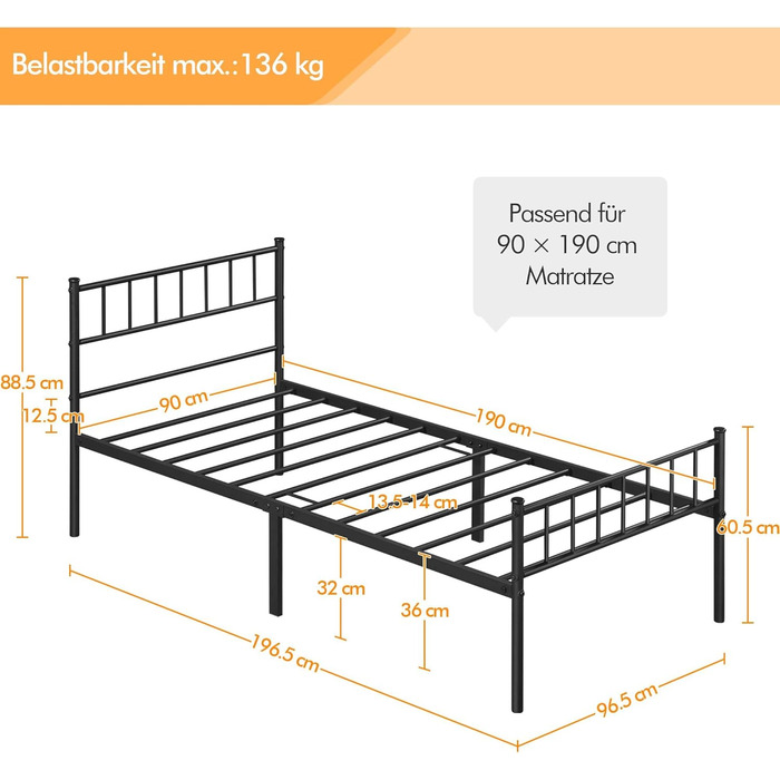 Металеве ліжко Yaheetech, Ліжко з металевим каркасом, Гостьове ліжко, Односпальне/Двоспальне ліжко, Сучасні каркаси ліжка, Каркас ліжка, Дитяче ліжко з рейковою основою для спальні/гостьової кімнати, 90 x 190 см, Чорний, 90 x 190 см