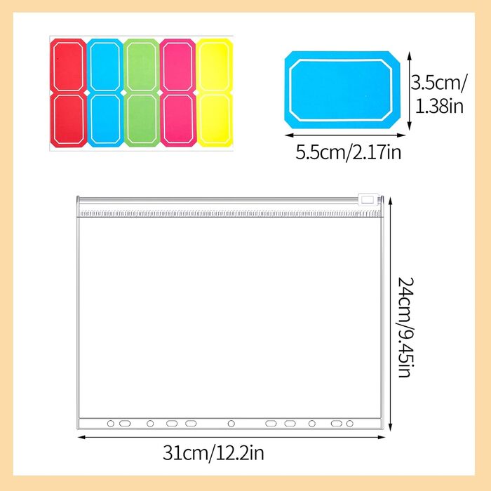 Папок для документів формату А4, прозорі кишені для папок з 11 отворами, пластикові папки на блискавці, пакети з відривними листами та 20 наліпками для документів, косметики, ювелірних виробів та органайзерів., 20