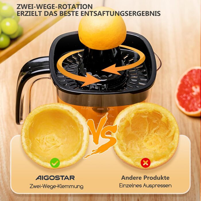 Електрична соковижималка для цитрусових, великий об'єм 1,2 л, соковижималка зі світлодіодним робочим підсвічуванням і 2 знімними к