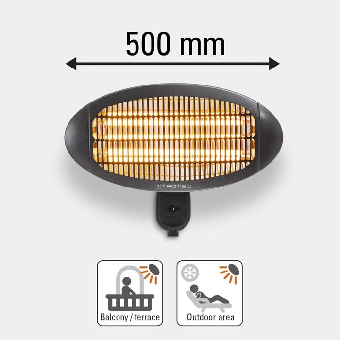 Інфрачервоний обігрівач для тераси TROTEC IR 2000 S Теплова потужність 650 Вт / 1300 Вт / 2000 Вт Окремостоячий, настінний, енергоефективний, IP34