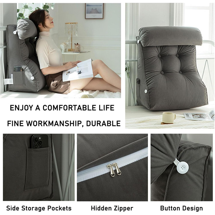 Подушка для спинки дивана/ліжка/узголів&39я, велика подушка для читання для дорослих, м&39яка подушка для спини зі знімним підголівником для читання/відпочинку/ігор (55 x 60 x 26 см, коричнева) 55x60x26 см коричневий