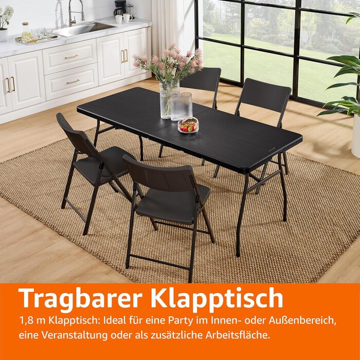 Розкладний стіл Storeo Basics, прямокутний, з ручкою для перенесення, для використання в приміщенні та на вулиці, портативний, легкий, дорожній стіл, для пікніка, кемпінгу, чорний, 182 x 75 x 73 см (183 см) чорного кольору