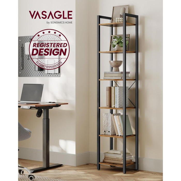 Полиця, книжкова шафа, полиця для DVD, з 6 полицями, офісна полиця, відкриті полиці, для офісу, вітальні, спальні, кухні, 30 x 40 x 186 см, вінтажний коричневий-чорнильний чорний LLS101B01 6 полиць (40Ш x 186В см) вінтажний коричневий чорнильний чорний