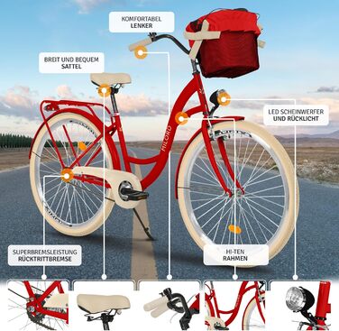 Комфортний міський велосипед з кошиком, вінтажний жіночий голландський велосипед, 28 дюймів, червоний, 1 швидкість