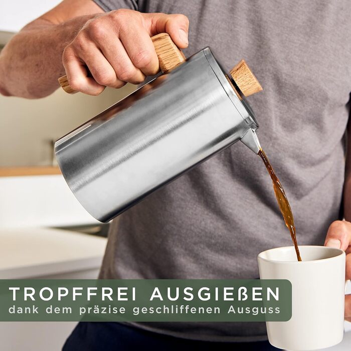 Французький прес WALDWERK (1L) - Кавоварка з нержавіючої сталі з подвійними стінками з дерев'яною ручкою з деревини дуба - Кавоварка без пластику French Press 1 л