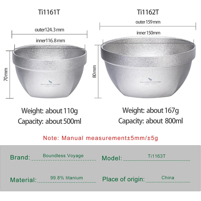 Двостінні титанові миски 500 мл та 800 мл вівсянка, рис, суп, миска, надлегкий портативний посуд для кемпінгу на свіжому повітрі (сріблястий) Ti1163T 500 мл 800 мл сріблястий Ti1163T
