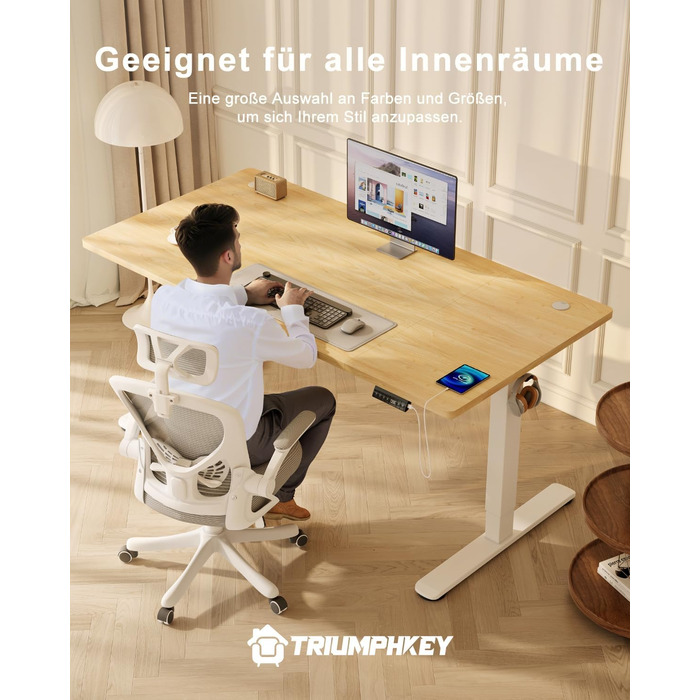 Стіл з регульованою висотою 160x80 з портом зарядки USB, 3 попередньо встановлені налаштування пам&39яті, стіл з регульованою висотою та органайзером для кабелів, комп&39ютерний стіл, стіл для роботи стоячи, бежевий 160 x 80 см, клен білий