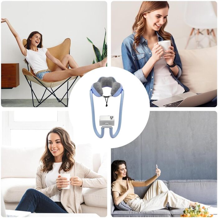 Тримач для шиї телефону - регульований на 360 градусів, подушки для підтримки шиї, тримач для телефону 2-в-1, підставка для мобільних телефонів, знімні тримачі, колиска для мобільного пристрою, зручна дорожня подушка синього кольору