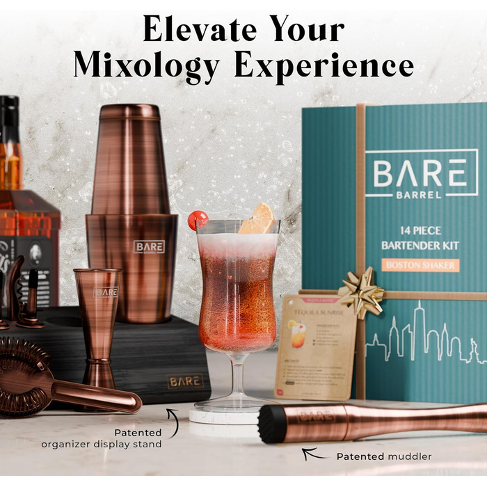 Професійний набір шейкерів для бармена Mixology з 14 предметів для коктейлів Martini (витримана мідь)