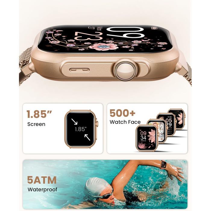 Жіночий смарт-годинник Sanorum з акумулятором 1000 мАг, фітнес-годинник AMOLED 1,85 дюйма з функцією телефону/водонепроникність 5 атм/120 спортивних режимів/пульс/SpO2/кров&39яний тиск, смарт-годинник для Android та iOS, рожеве золото