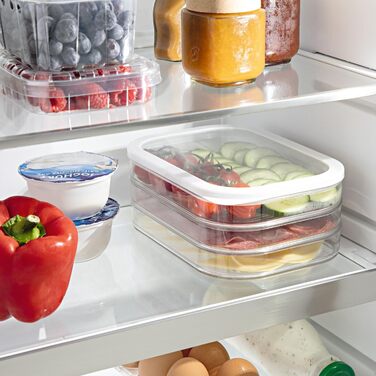 Контейнери для зберігання продуктів з кришками Тришарові контейнери для нарізок, овочів та фруктів 4 шт. Органайзер для холодильника Штабельовані та герметичні, Білий/Прозорий