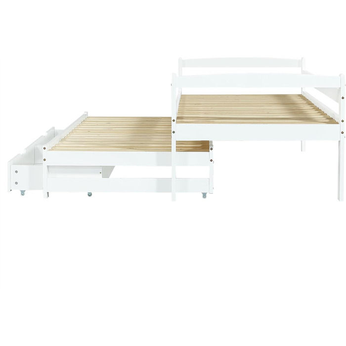Диван-ліжко Merax 90x200 см, кушетка з 2 шухлядами, дитяче ліжко, функціональне ліжко з рейковою основою, висувне односпальне та двоспальне ліжко, каркас з масиву дерева, для дівчаток та хлопчиків, біле висувне ліжко 90 x 200 см