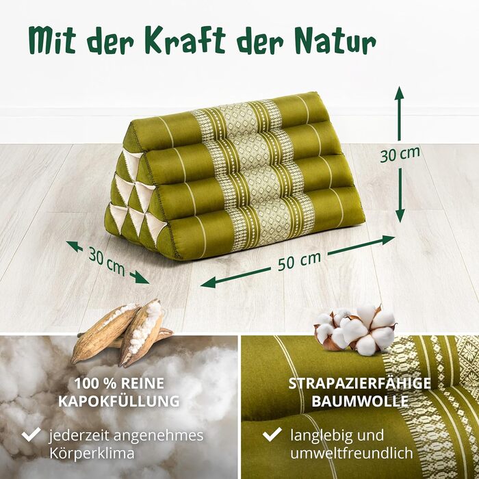 Візерунчаста подушка для спини livasia - 30x50x30 см - Трикутна подушка для саду, клиноподібна подушка з капоком, веганська та ручної роботи, подушка для медитації (зелена)