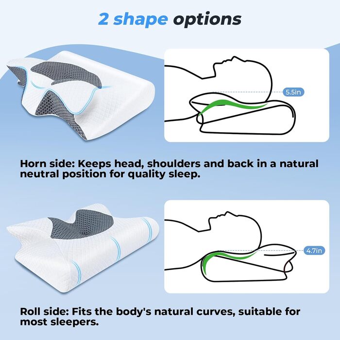 Подушка для шиї SAHEYER з піни з ефектом пам&39яті, подушка для підтримки шиї 2 в 1, подушка для голови для сну на боці, животі та спині, з пральною та дихаючою наволочкою, 59 * 43 * 12/15 см, сіро-біло-сіра
