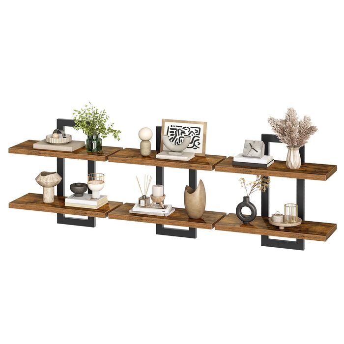 Плаваючі настінні полиці HOOBRO, 2-рівнева настінна дошка, комплект із 3 плаваючих полиць, підвісні полиці для ванної кімнати, настінні полиці 38 см, для вітальні, спальні, кухні, вінтажний коричневий та чорний EBF32BJP301 Вінтажний коричневий, чорний 3