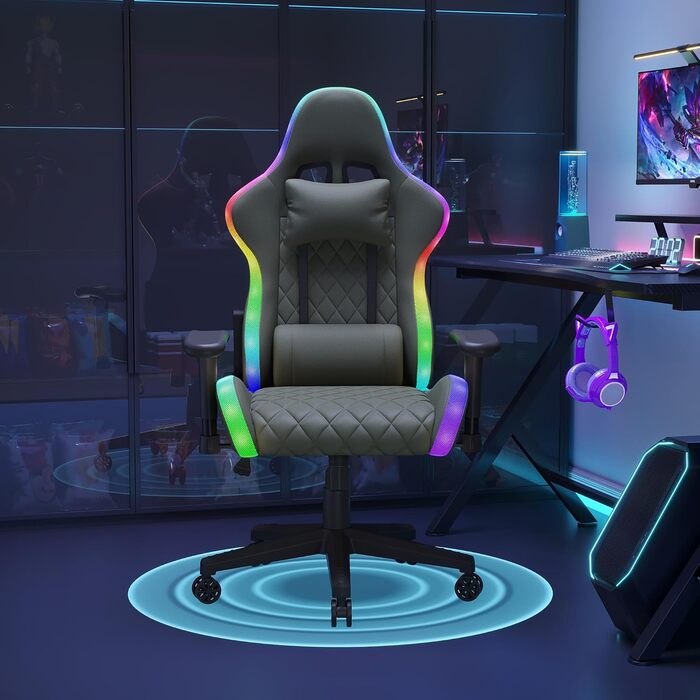 Геймерське крісло, ергономічне офісне крісло з RGB LED-підсвічуванням, масаж поперекового відділу сидіння, регульоване, підголівник, поперекова підтримка, висока спинка, кут нахилу 135, чорний колір