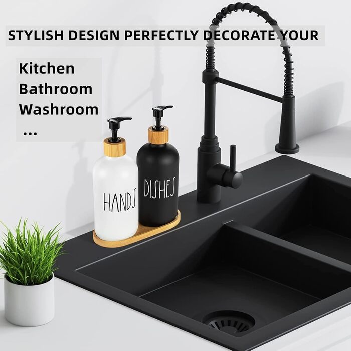 Скляний дозатор для мила, дозатор для мила BIKALAN 475 мл чорно-білий набір для ванної кімнати з піддоном, дозатор для мила для ру