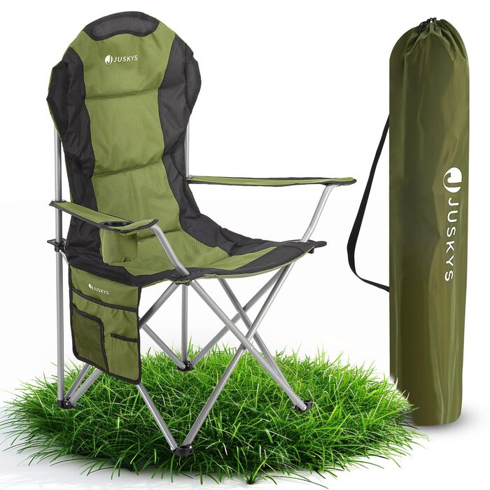 Складаний кемпінговий стілець Juskys Lido з тримачем для напоїв, бічною кишенею та сумкою для перенесення - М&39який складний кемпінговий стілець з підлокітниками та спинкою - 4 кольори зеленого кольору