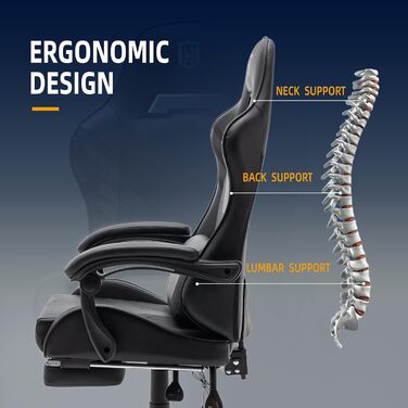 Ергономічне ігрове крісло з масажною поперековою подушкою, офісне крісло для ПК в гоночному стилі зі штучної шкіри, ігрове крісло з підлокітниками, вантажопідйомність до 159 кг, чорний колір
