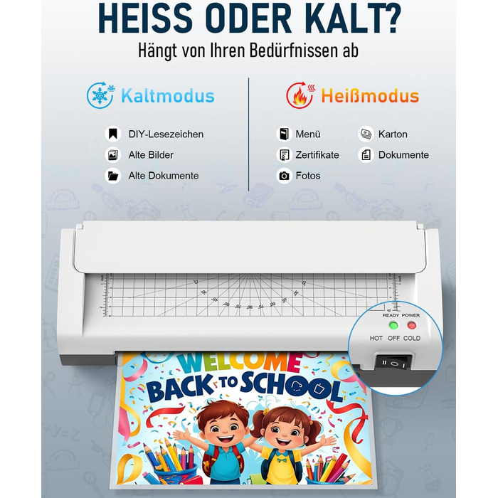 Ламінатор A4, гарячий та холодний ламінатор з 20 ламінуючими пакетами для паперів A4, A5 та A6, ламінатор 12-в-1 з різаком для паперу та закруглювачем кутів, ламінуючий пакет для школи, дому та офісу, білий