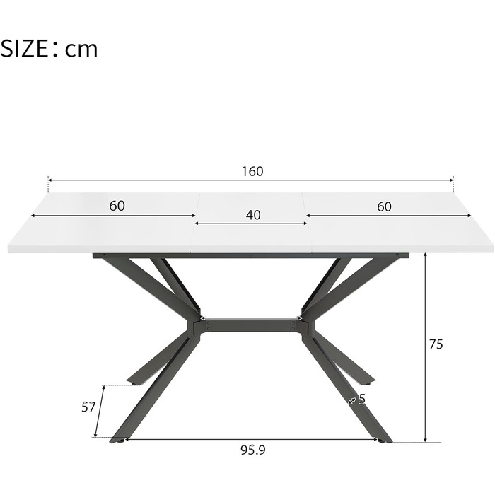 Розкладний обідній стіл Soweiz білий 120/160Д x 80Ш x 75В (см), чорні металеві ніжки, білий прямокутний обідній стіл, підходить для чотирьох-шести осіб, білий чорний 120/160Д x 80Ш x 75В (см)