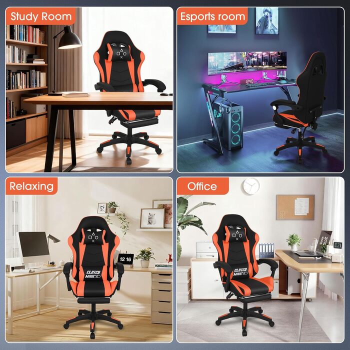 Ергономічне ігрове крісло FRANKYSTAR Clutch, офісне крісло з поперековою подушкою, підголівником та підставкою для ніг з ПВХ, чорного та червоного кольорів