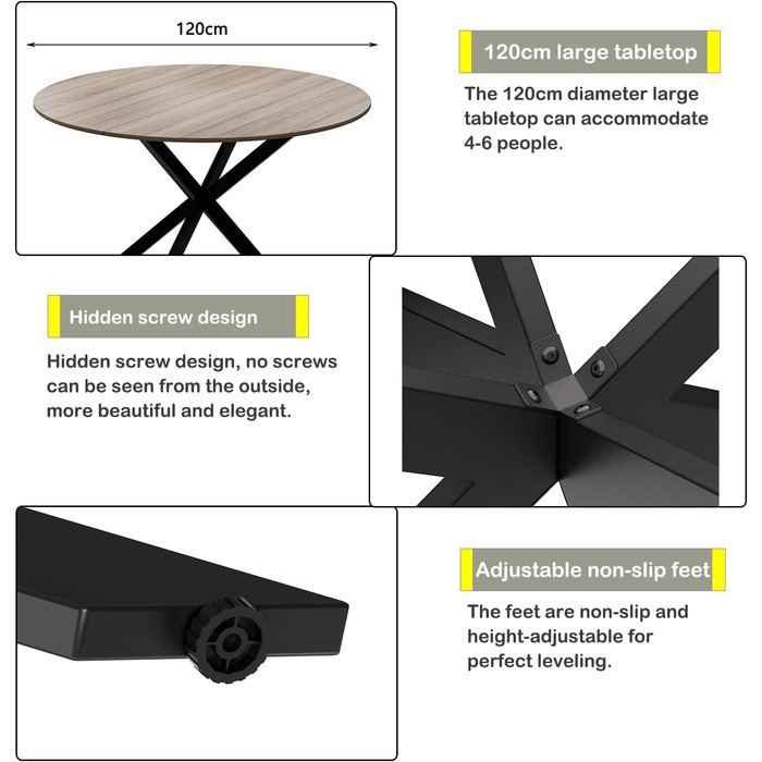 Круглий обідній стіл MSFE, круглий кухонний стіл 120 см, дерев&39яний кухонний стіл, ретро-індустріальний обідній стіл з чорними металевими ніжками та оздобленням з натурального горіха, лише 1 круглий стіл