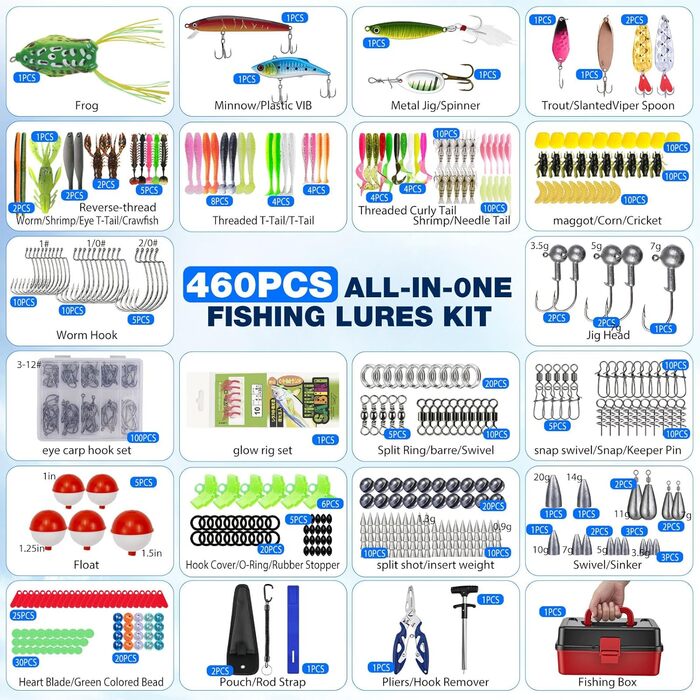 Набір рибальських снастей із 460 предметів, рибальські приманки для судака, форелі, окуня, рибальські аксесуари з ящиком для снастей, гачки, рибальські приманки, ящик для рибальських приманок на 3 полиці. Підходить для початківців та професіоналів.