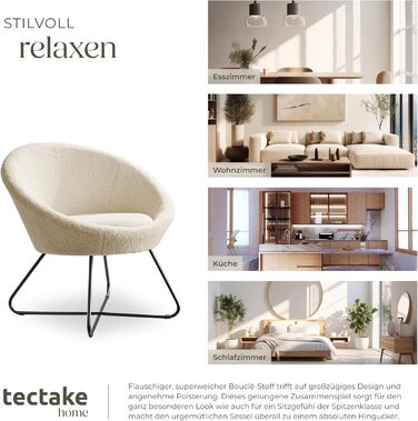 Кругле коктейльне крісло tectake з букле, крісло Тіффані, крісло для читання, безперервна спинка, крісло для вітальні, скандинавське крісло для годування, крісло-реклайнер, крісло для відпочинку - Boucl Off-White