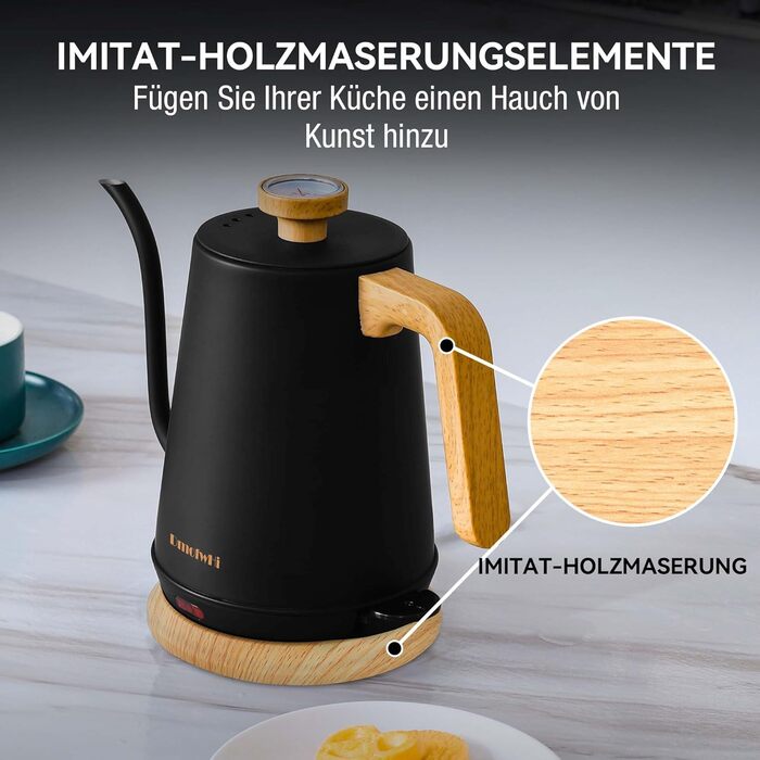 Чайник з гусячою шийкою з термометром, електричний чайник 1л з автоматичним вимкненням, чайник для гарячої води з нержавіючої стал