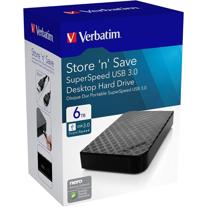 Зовнішній жорсткий диск Verbatim Store 'n Save 3.5 HDD - 6 ТБ - настільний жорсткий диск, USB 3.0, надшвидка передача даних, 47686