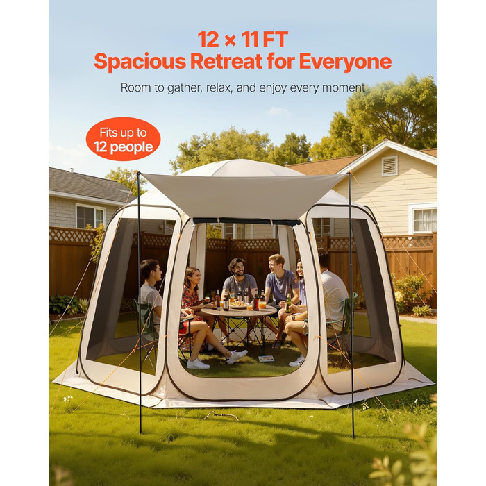 Намет-будинок VEVOR, 3 x 2,8 м, 4-8 осіб, розкладний намет для забезпечення приватності, портативний, екранований, з сумкою для перенесення, сітчастими бортами, кілками для землі, для саду, патіо, заднього двору, активного відпочинку на свіжому повітрі, б
