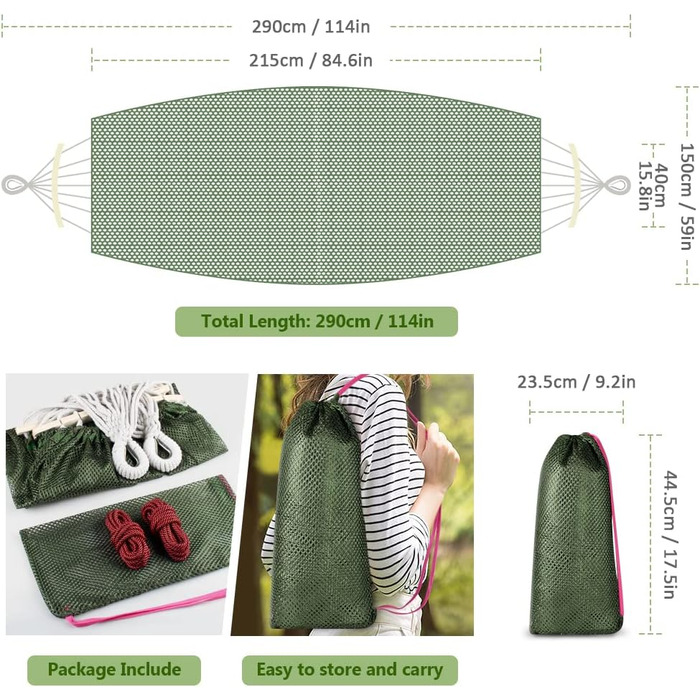 Гамак на відкритому повітрі, супер м'який і дихаючий прохолодний нейлоновий сітчастий гамак з дерев'яними жердинами для приміщення, балкона, патіо, саду, кемпінгу, рюкзака зелений