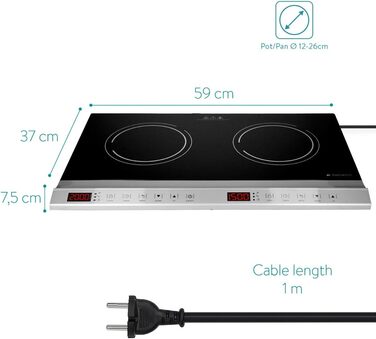 Подвійна індукційна плита Navaris 3500 Вт - 2 варильні поверхні з таймером Сенсорний дисплей Виявлення горщика - Портативна індукційна плита - Чорна
