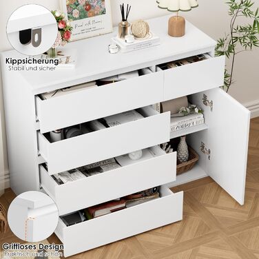 Білий комод з 5 шухлядами та 1 дверима, сервант 100 см, комод для спальні, вітальні, кабінету, коридору, шафа з шухлядами 100x40x80 см