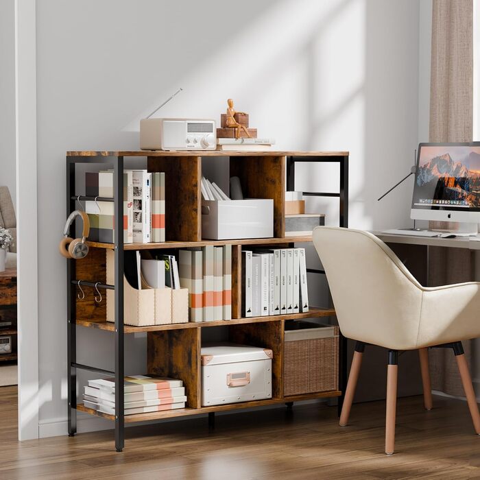 Книжкова полиця ELUCHANG, окремостояча полиця з 8 відділеннями, 3-рівнева полиця з безкоштовними гачками, для вітальні, спальні, кабінету, кухні, 30x94x95 см, вінтажний коричнево-чорний