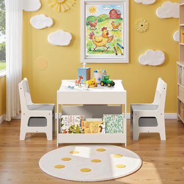 Дитячий стіл Xbro з 2 стільцями, дитячий стіл для малювання 4-в-1 з місцем для зберігання, багатофункціональний дерев&39яний дитячий комплект сидіння з книжковою полицею, для дітей віком від 3 років, 61,5 61,5 48 см, сірий