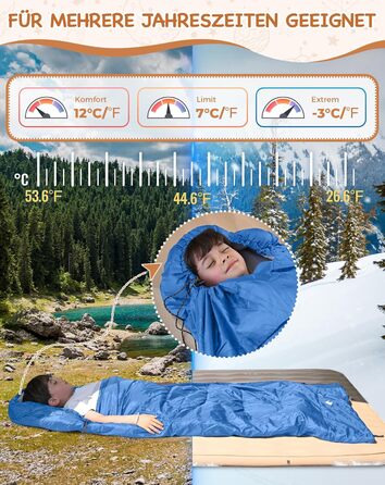 Дитячий спальний мішок KingCamp, 3-сезонний спальний мішок-ковдра для дітей 100-140 см, легкий і теплий для кемпінгу та походів з сумкою для перенесення, синій, L