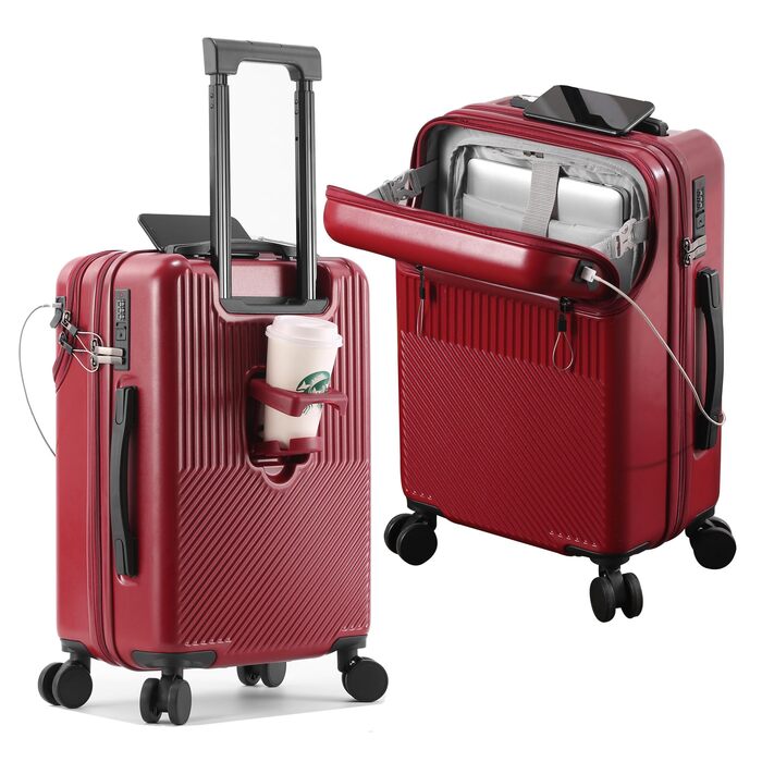 Валіза ручна поїздка з коліщатками 360 та тримачем для напоїв, червона, 20 дюймів