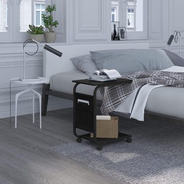 Журнальний столик WOLTU з 2 полицями та 1 бічною кишенею, журнальний столик-диван з місцем для зберігання, С-подібний стіл для вітальні, на колесах, для ліжка або дивана, виготовлений з дерева та металу, 50x62x35 см, чорний, BTS04sz