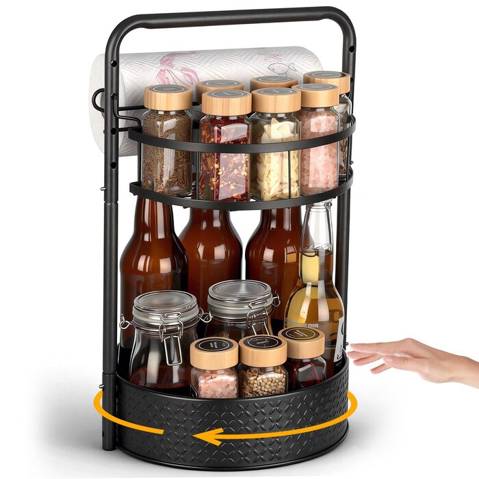 Обертова підставка для спецій Romon, 2-рівнева кухонна полиця з тримачем для паперових рушників, органайзер для спецій з кульковими підшипниками з нержавіючої сталі та протиковзкими ніжками, для кухонних шаф та стільниці, чорна