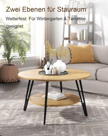 Круглий дерев&39яний журнальний столик Manora з подвійним відділенням для зберігання, круглий стіл для вітальні, дерев&39яний бічний столик з металевою основою, сучасний дизайн круглого дивана-столика для вітальні (дуб, C25298) Меблі для вітальні з дуба