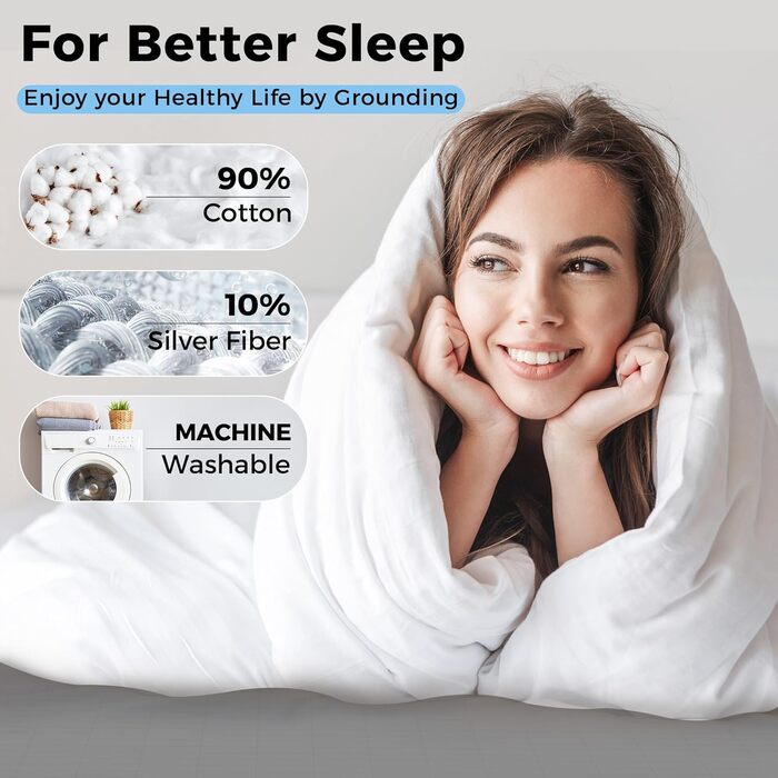 Заземлююче простирадло/килимок, 90 органічна бавовна та 10 срібне волокно, із заземлюючим кабелем ЄС для кращого сну, 140x200 см, сірий.