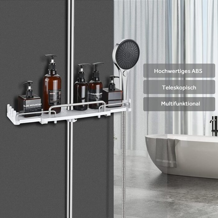 Душова полиця без свердління, телескопічна 32-48 см, душова полиця для підвісного органайзера для ванної кімнати, душова полиця без свердління, стійка для зберігання душової штанги для душової штанги 18-25 мм (біла)