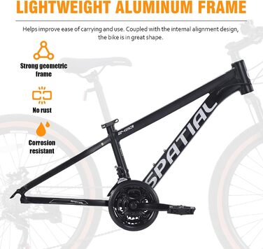 Гірський велосипед SPATIAL 29/27,5/26/24 дюймів, велосипед для активного відпочинку, 2 1/8 передачі, алюмінієва рама Подвійні дискові гальма, регульоване ергономічне сідло для чоловіків, жінок, підлітків, чорний 24 дюйми