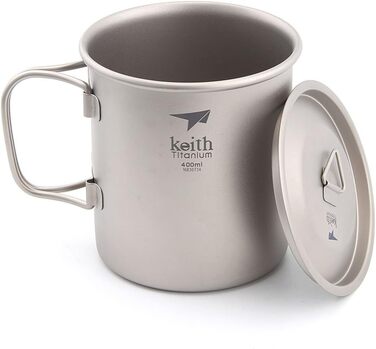 Титанова чашка для пиття Keith Ti3203, зі складними ручками, з одною стінкою, для активного відпочинку, кемпінгу, подорожей, досліджень, портативна, 400 мл
