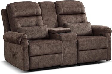 Крісло для кінотеатру, 2-місний диван з консоллю, двомісне крісло для телевізора, крісло-реклайнер з функцією відкидання, 2-місне крісло для кінотеатру, крісло-реклайнер, регульоване, 2-місний диван, крісло для телевізора, вітальня з підсклянником, коричн