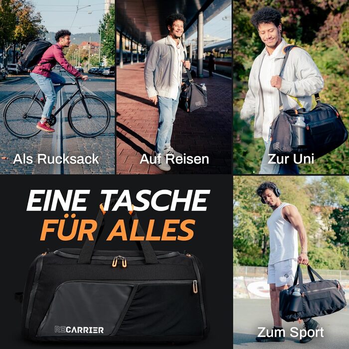 Спортивна сумка ПЕРЕРОБЛЕНИЙ ПЕТ 50 л Сумка для спортзалу та рюкзак в одному водонепроникна тренувальна сумка для чоловіків та жінок спортивний рюкзак з відділенням для взуття, сумка для фітнесу та подорожей, велика Obsidian Ember Black